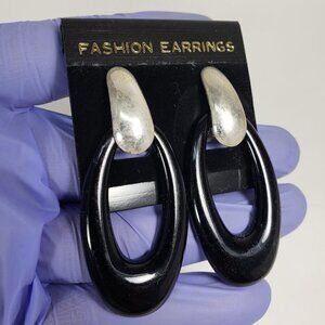 Women's Stunning Polished Silver tone & Black Hoop Drop Earrings, 2.3-inch Drop